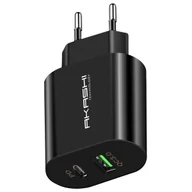 Ładowarki do telefonów - Ladowarka sieciowa USB QC3.0 i zasilacz USB typu C, czarna, szybkie ladowanie 20 W - Akashi - miniaturka - grafika 1