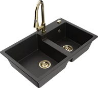 Zlewozmywaki z baterią - Mexen Tomas zlewozmywak granitowy 2-komorowy z baterią kuchenną Elia, czarny/złoty metalik - 6516-75-670101-50 - miniaturka - grafika 1