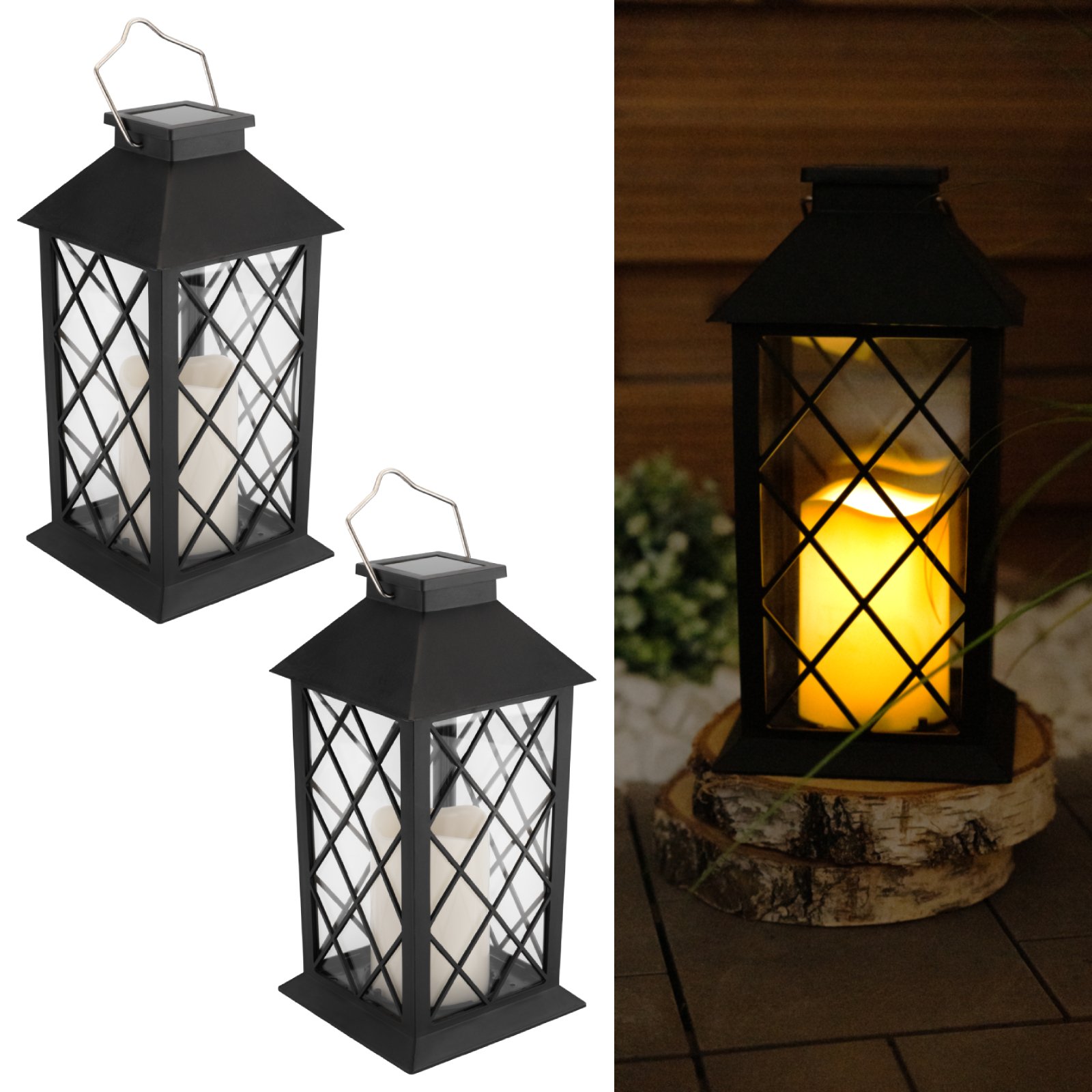 LUMILED 2x Zestaw Latarni Solarnych Zewnętrzne Latarnie Solarne Zewnętrzne Szklane Latarnie LED Solarne Efekty Płomienia Świeca Latarnia IP44 Vintage czarna Wiszące Dekoracyjne Światło Zewnętrzne Lampa Ogrodowa