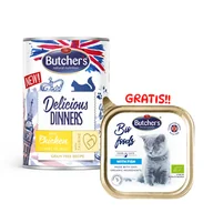 Mokra karma dla kotów - BUTCHER'S Delicious Dinners kawałki z kurczakiem w galaretce 400g (kot) + Bio Food Cat z rybą 85g GRATIS!! - miniaturka - grafika 1