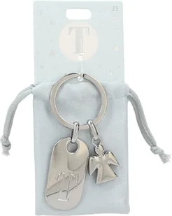Depesche 11800-023 Srebrny brelok do kluczy z literą T i aniołem stróżem, stop cynku, w zestawie z kolorowym aksamitnym etui - Koszulki i topy damskie - miniaturka - grafika 1