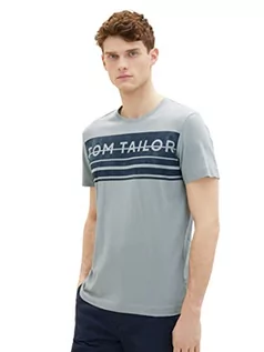 Koszulki męskie - TOM TAILOR Męski T-shirt z nadrukiem logo, 28129 - Light Ice Blue, L - grafika 1