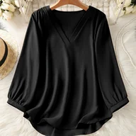 Koszule damskie - TEMU Jednokolorowa koszulka z dekoltem w kształcie litery V z poliestru dla kobiet, trzy czwarte rękaw szifonowy, odpowiedni do codziennego noszenia - miniaturka - grafika 1