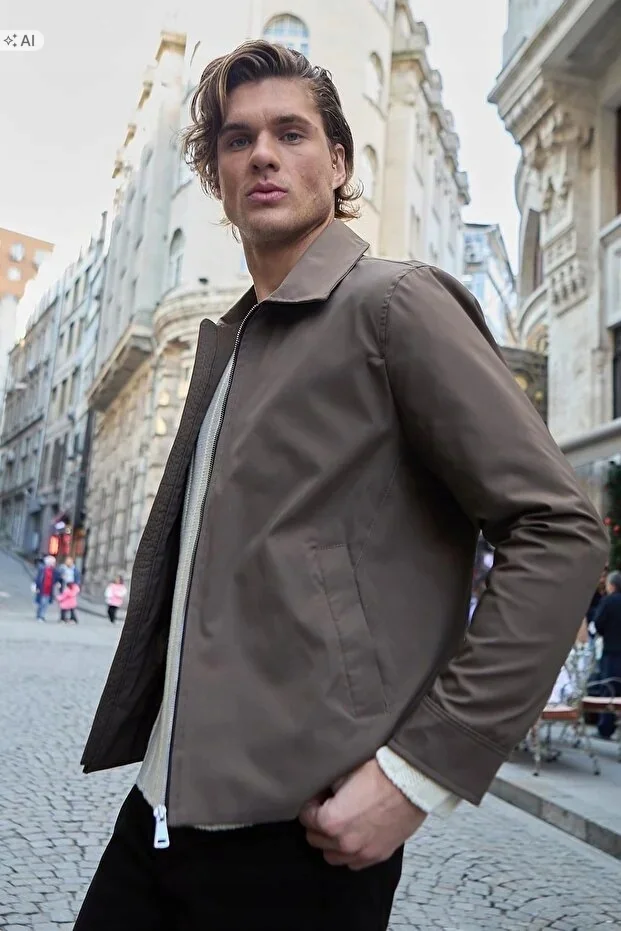 GŁADKA MĘSKA KURTKA ZAPINANA NA SUWAK W STYLU ELEGANCKIM XL 5IA