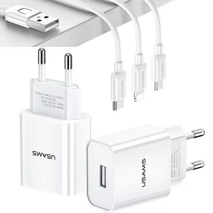 Usams Ład. siec. 1xUSB T18 2,1A 3w1 (lightning+microUSB+USB-C) biały/white Fast Charging LTXLT18OGXD301 - Ładowarki do telefonów - miniaturka - grafika 1