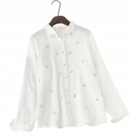 Koszule damskie - Biała Koszula Z Haftowanymi Kwiatkami Stylowa Modna Bawełniana Koszula L - miniaturka - grafika 1