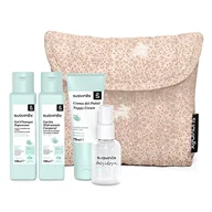 Kosmetyki kąpielowe dla dzieci - SUAVINEX Neceser Baby Travel Fabric With Baby Cologne, Balsam Nawilżający, Kremowy Pieluchy i Żel-Szampon Musujący, Format Podróży, Różowy, 4 Produkty - miniaturka - grafika 1