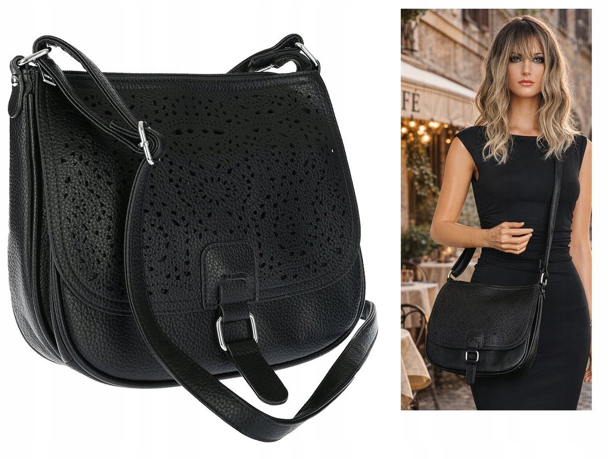 Torebka damska HERISSON pojemna ażurowa Listonoszka 15B322 Czarna