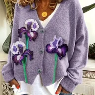 Swetry damskie - TEMU [Wzór Drukowany – Bez Tekstury] Kardigan Damski – Fioletowy Lawendowy Kwiatowy Wzór, Długi Rękaw, Dekolt w Serek, Styl Jesień/, Idealny dla - miniaturka - grafika 1