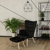 Fotele - Fotel Wypoczynkowy Uszak LOZANO Z Podnóżkiem Czarny Welurowy Nowoczesny - miniaturka - grafika 1