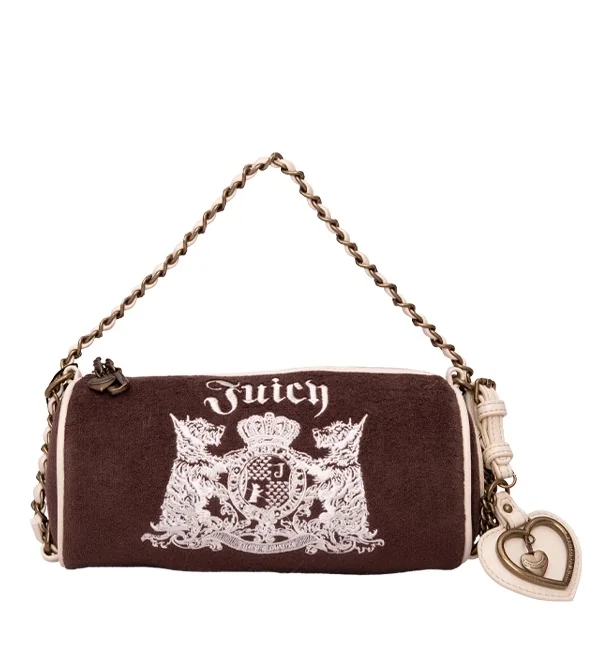 Juicy Couture brązowa torebka bagietka welurowa z łańcuszkiem i lusterkiem