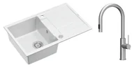 Zlewozmywaki z baterią - Quadron Unique Zlewozmywak granitowy jednokomorowy 78*50*22 cm z ociekaczem MORGAN 111 SNOW WHITE z syfonem Push-2-Open w kolorze stalowym z baterią JENNIFER Q LINE SLIM z wyciąganą wylewką i funkcją prysznica kolor stal szczotkowana - miniaturka - grafika 1