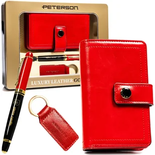PETERSON Portfel damski średni na zatrzask i suwak czerwony skóra ekologiczna zestaw portmonetka długopis i brelok ochrona kart RFID prezent - Portfele - miniaturka - grafika 1