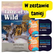 Sucha karma dla psów - TASTE OF THE WILD Wetlands 12,2kg + Tails.com Grain Free Adult 65% mięsa 12x400g - miniaturka - grafika 1