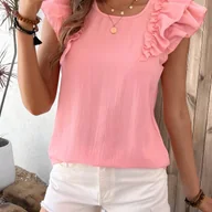 Koszule damskie - TEMU Elegancka bluzka damskiego kwadratowego dekoltu z podwójnymi falbankami i kokardą z tyłu - różowy letni top, białe krótkie spodenki, outfit, - miniaturka - grafika 1