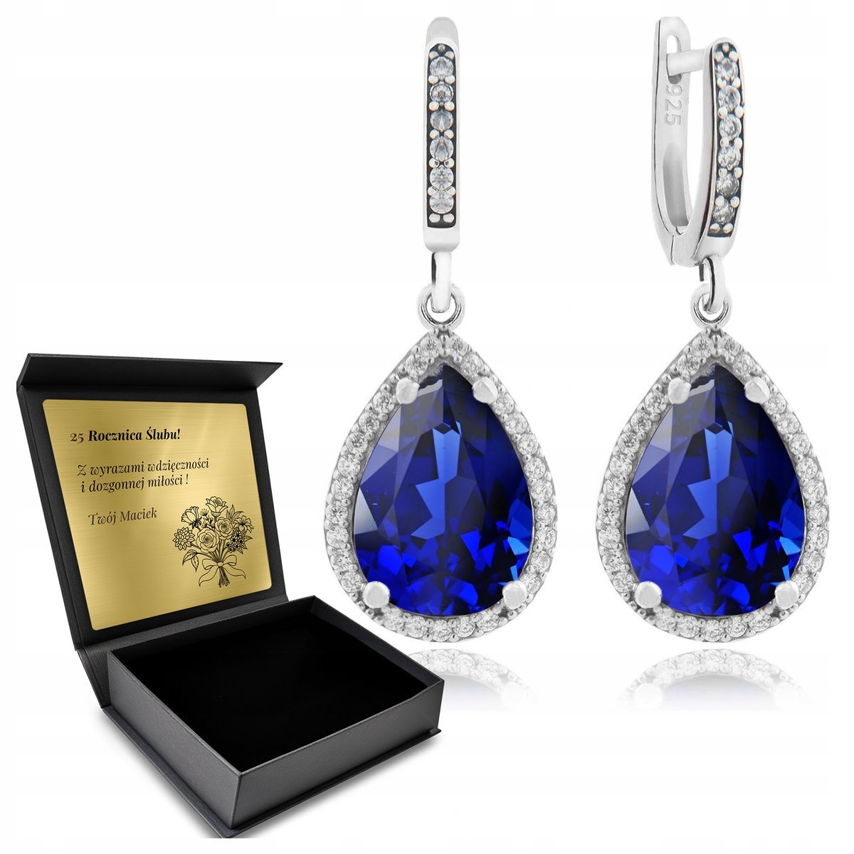 Kolczyki Srebrne 925 Cyrkonie I Szafir Biżuteria Dla Kobiety + Grawer
