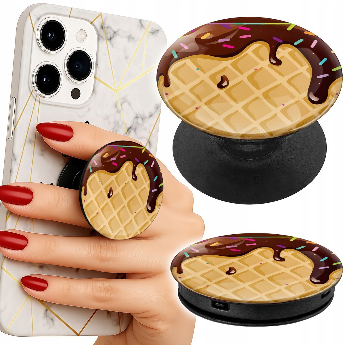 Uchwyt do telefonu Popsocket na palce/stojak Z MOTYWEM WAFLA Z POLEWĄ