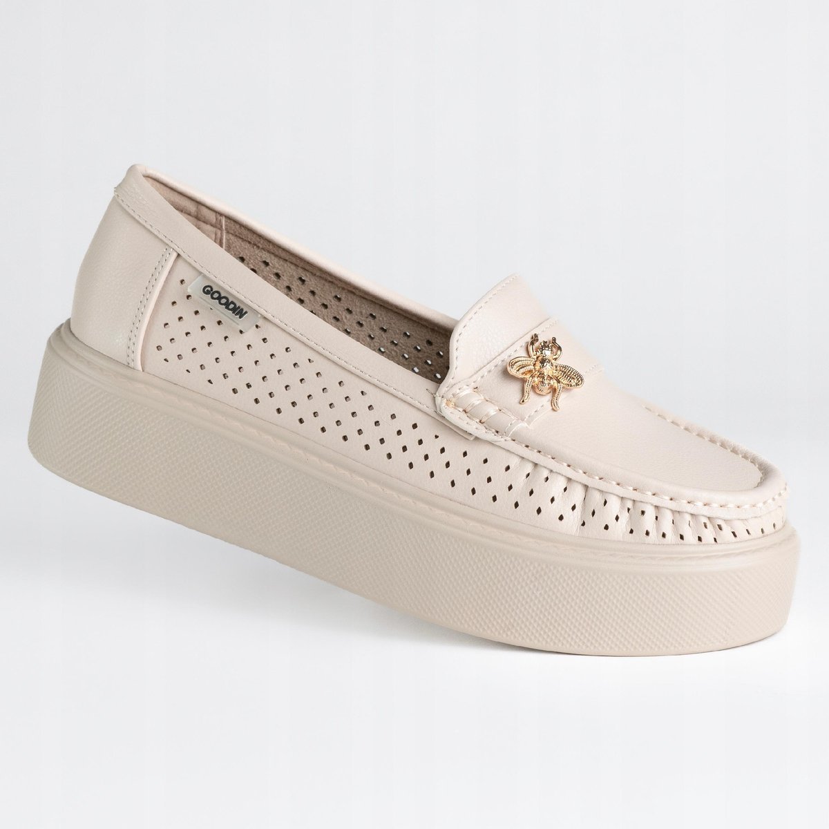 Mokasyny damskie skóra GOODIN GD-FL6101 ażurek lekkie klasyczne beż 40