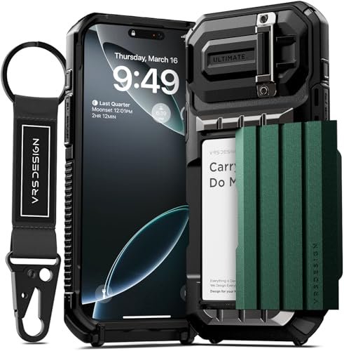 VRS DESIGN Damda Glide Ultimate do iPhone'a 16 Pro Max (2024), wysokiej jakości solidna, w pełni zakryta ochrona obiektywu aparatu, etui portfelowe z wielofunkcyjnym paskiem (metaliczna zieleń)
