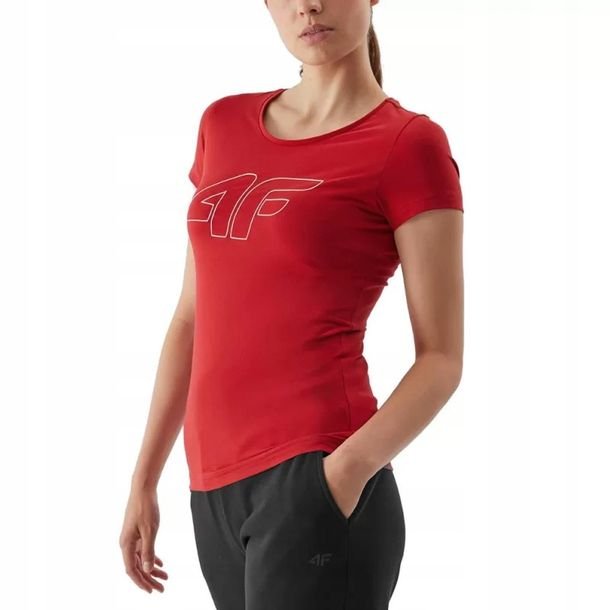 4F Koszulka damska gładka t-shirt bawełna regular czerwona duże logo S