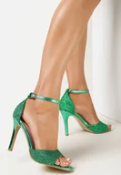 Sandały damskie - Zielone Sandały na Szpilce ze Sprzączką i Brokatem Reyah - miniaturka - grafika 1