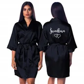 Piżamy damskie - SZLAFROK SATYNOWY CZARNY Damski Na Ślub Wesele Dla ŚWIADKOWEJ Napis Wzory - miniaturka - grafika 1