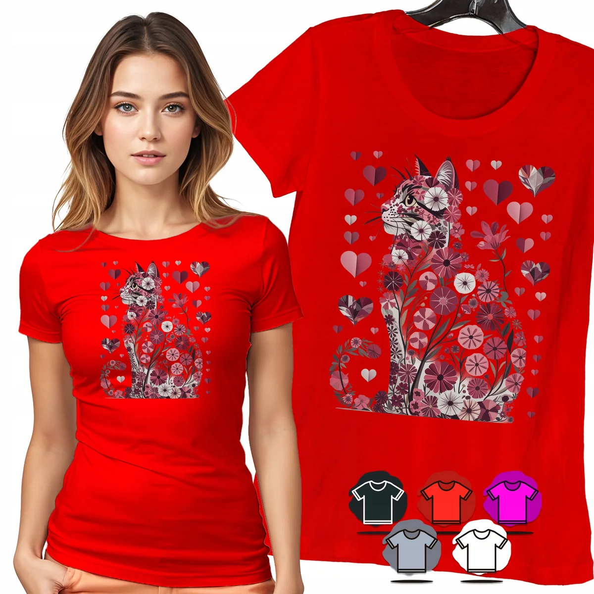 KOSZULKA DAMSKA T-SHIRT - KOT W KWIATACH I SERCACH RÓŻOWY WZÓR MODNY - 3XL