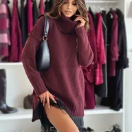 Swetry damskie - TEMU Elegancka Długa Sukienka Sweterowa na Zimę dla Kobiet – Wysoki Kołnierz, Rozcięcie, Luźny Fason, Maksymalna Długość, Jednokolorowa, Pranie w - miniaturka - grafika 1