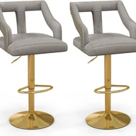 Taborety i hokery - Zestaw 2 Obrotowych Stołków Barowych z Holenderskiego Aksamitu, Regulowane Krzesła Barowe z Wyciętym Oparciem, do Kuchni, Bistro, Kawiarni (Szare) - miniaturka - grafika 1