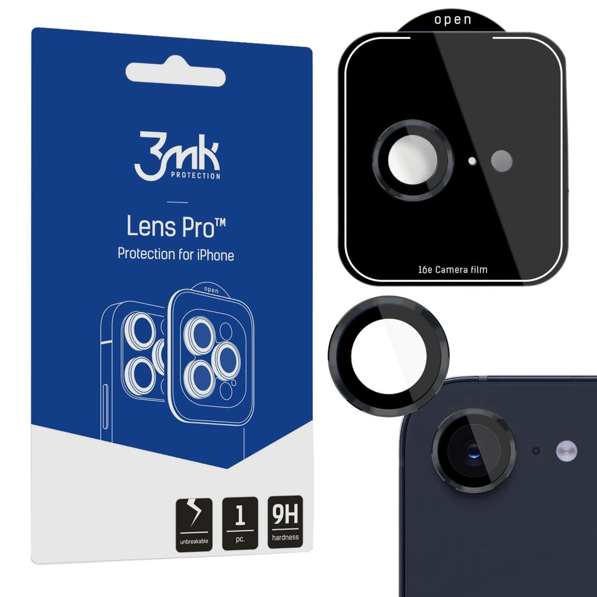 Czarne szkło hartowane na obiektyw aparatu do Apple iPhone SE4/16E - 3mk Lens Protection Pro