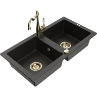 Zlewozmywaki z baterią - Mexen Mario zlewozmywak granitowy 2-komorowy z baterią kuchenną Carla, czarny/złoty metalik - miniaturka - grafika 1