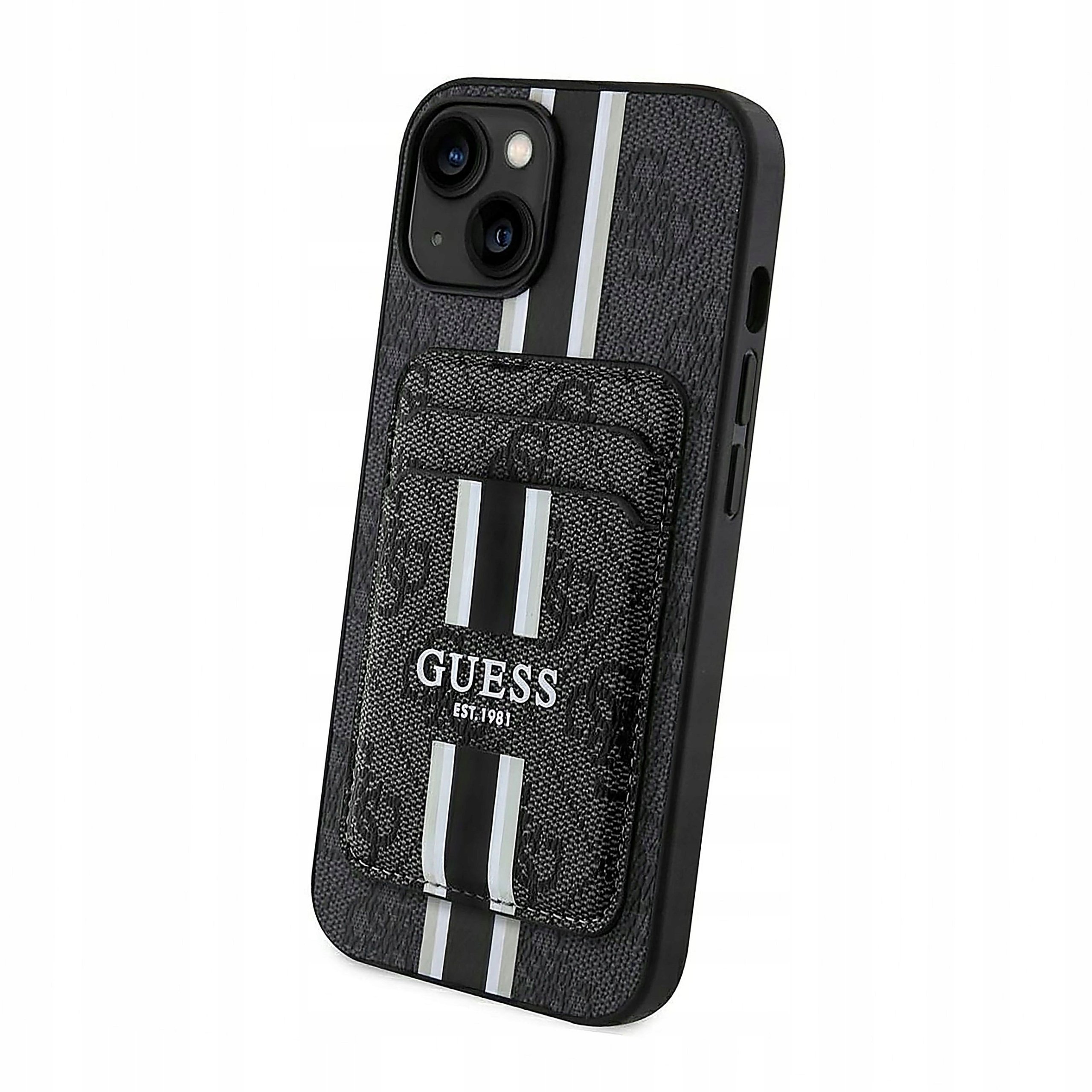 Plecki Etui Guess 4G Stripes z portfelem Magsafe do iPhone 15 czarny