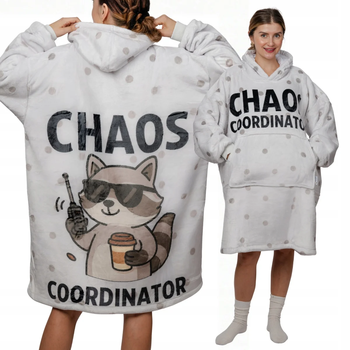 KOC BLUZA Oversize Gruba KOCOBLUZA 2w1 XXL Wzór SZOP CHAOS Futrza Bluzo Koc polarowa odzież domowa z kapturem, długi rękaw