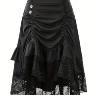 Spódnice - TEMU Damska Wysokotalia Spódnica A-Line w Stylu Vintage - Średniej Długości z Regulowanym Sznurkiem w Pasie, Jednokolorowa Sukienka w Stylu Dworowym, - miniaturka - grafika 1