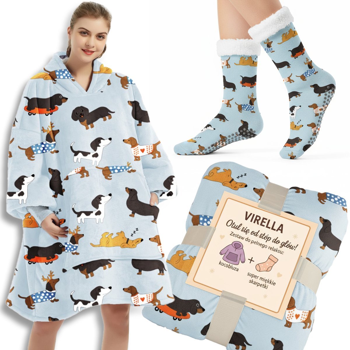 KOC BLUZA OVERSIZE GRUBA KOCOBLUZA Z KAPTUREM PIESKI FUTRZAK XXL + SKARPETY