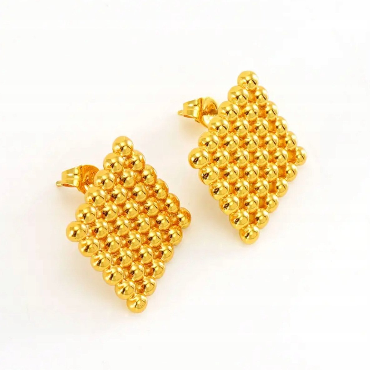 Złote Kolczyki Kwadrat z Kulek Eleganckie Modne Sztyft Pozłacane