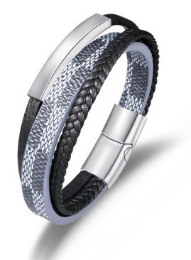 Bransoletka męska stalowa ekoskóra 3w1 prezent srebrna