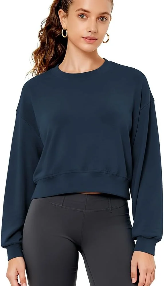 Damska Bluzka Crop Top Oversize Modalowa Długi Rękaw Przewiewna Granatowa