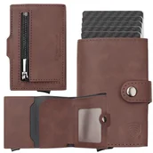 Etui na dokumenty i karty - Portfel męski z kieszenią na bilon oraz aluminiowym etui z wysuwanymi kartami (ciemny brąz) - miniaturka - grafika 1