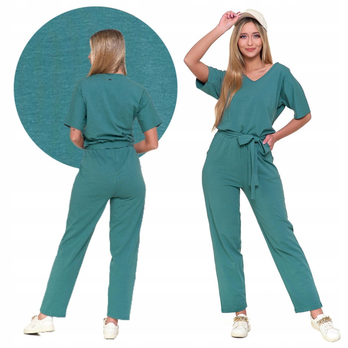 KOMBINEZON DŁUGI DAMSKI BAWEŁNIANY LUŹNY KOBIECY PODKREŚLONA TALIA MORAJ M GREEN