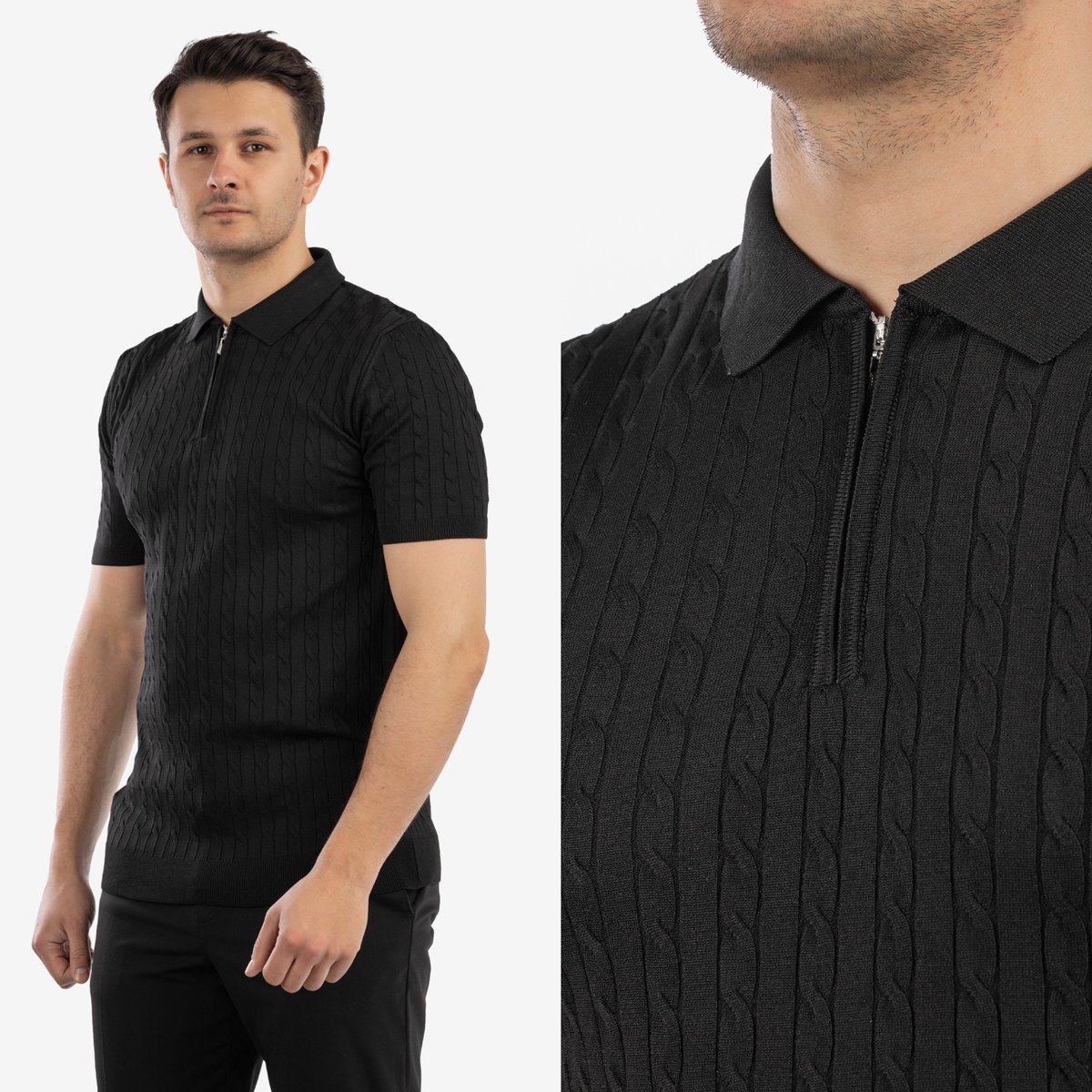 Koszulka Męska Polo Z Kołnierzykiem Rozpinana Dzianinowa Elegancka Czarna Czarny XXL