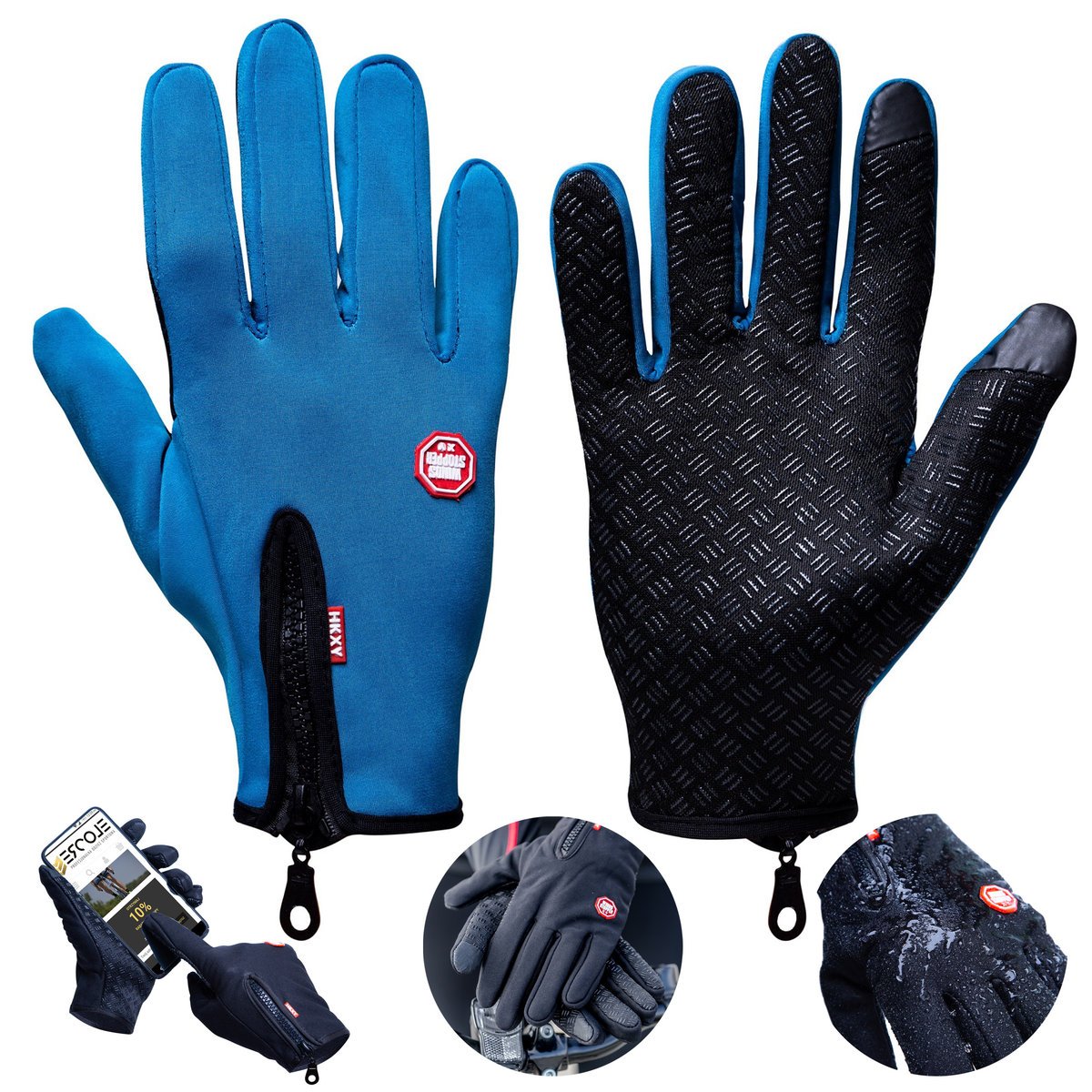 RĘKAWICZKI ROWEROWE ZIMOWE L MĘSKIE DAMSKIE NIEBIESKIE DOTYK CIEPŁE MESZEK