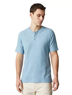 Koszulki męskie - Koton Męski T-shirt basic Mandarin Collar Buttoned Slim Fit Short Sleeve, Niebieski (637), XL - grafika 1