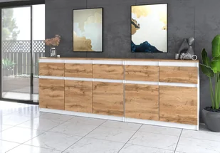Komoda Do Salonu Sypialni Nowoczesna 200cm 5 Szuflad Biała Mat Dąb Wotan - Komody - miniaturka - grafika 1