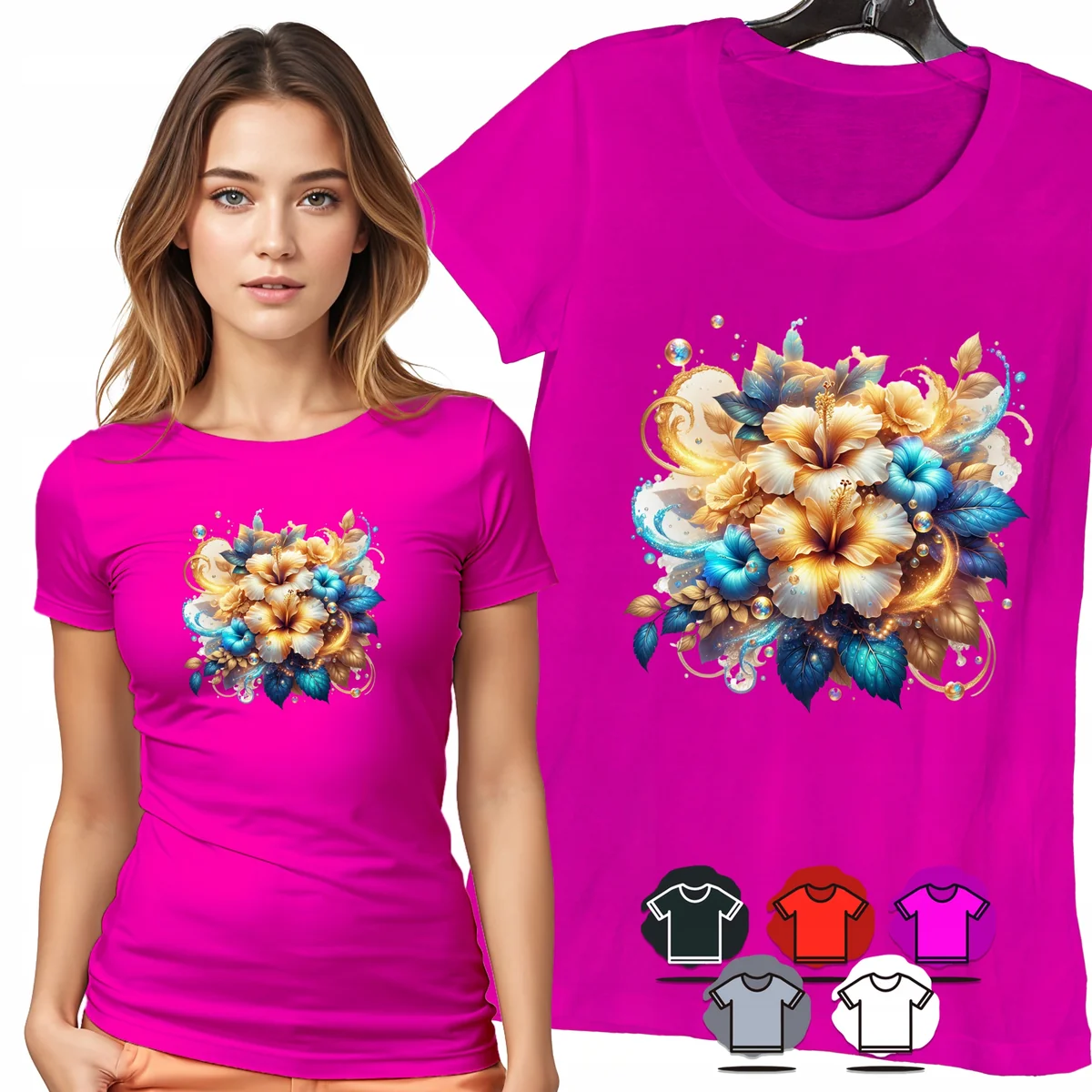 KOSZULKA DAMSKA T-SHIRT - KWIATY BEŻ NIEBIESKI AKWARELA DAMSKI WZÓR - M