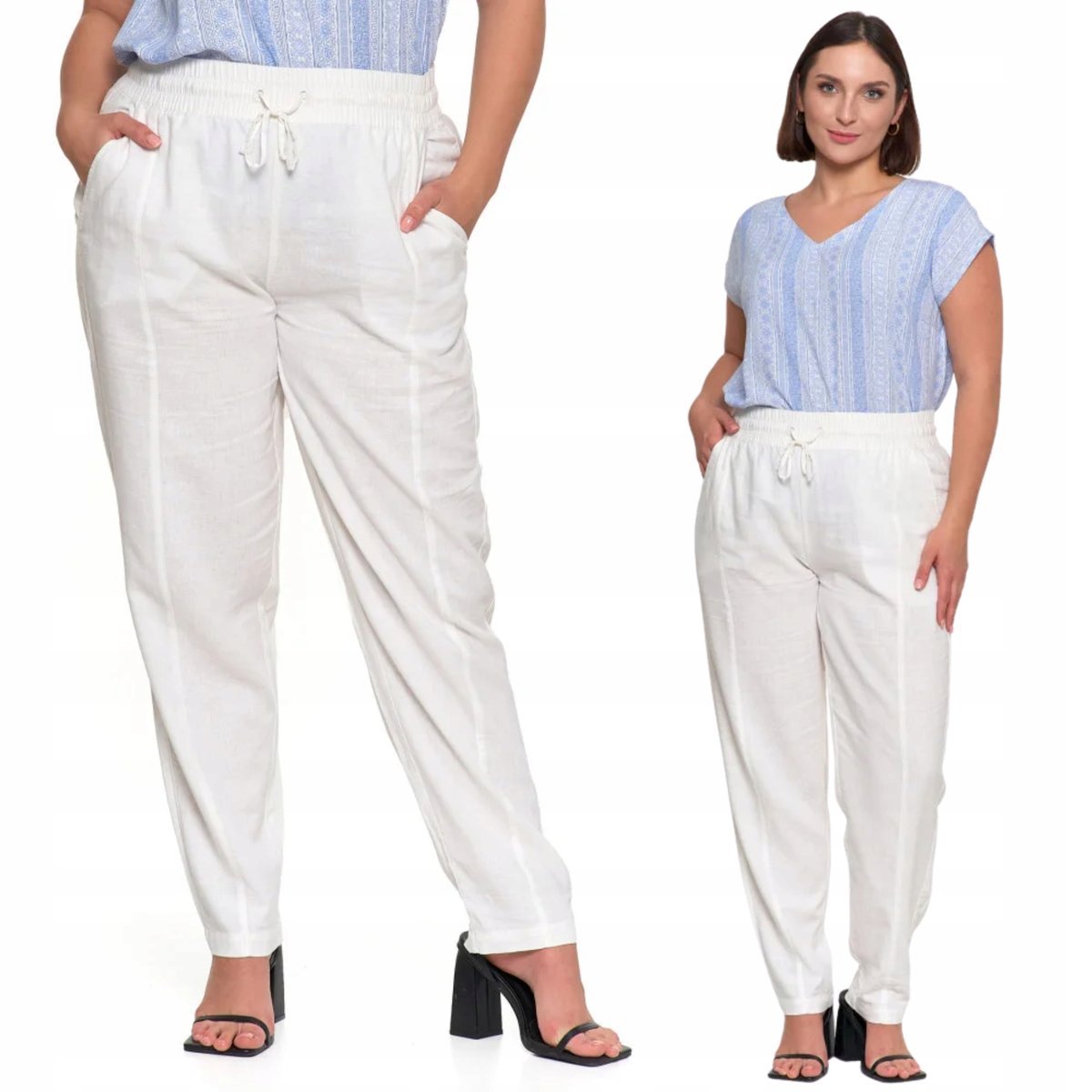 Spodnie Lniane Damskie Z Gumką W Pasie Eleganckie Prosta Nogawka Moraj S White