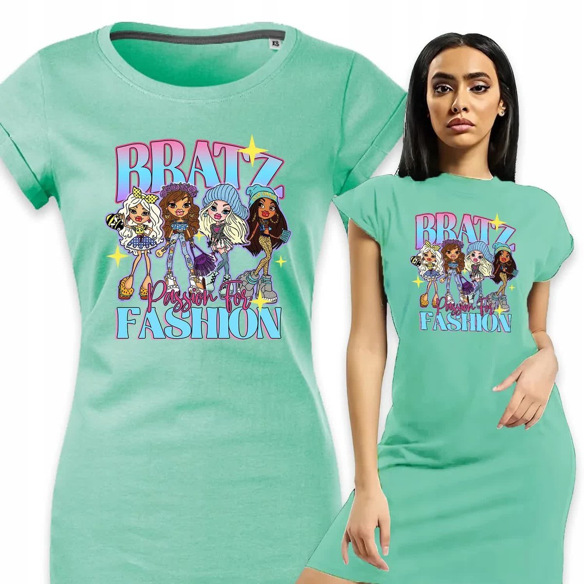 PIŻAMA DAMSKA MIĘTOWA Koszula Nocna Na Prezent Dla Fana BRATZ Wzory - M