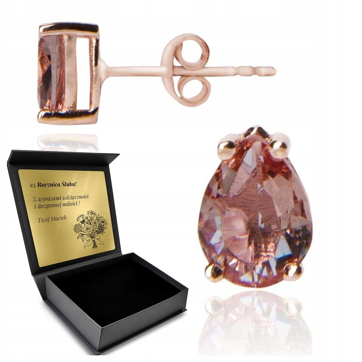 Kolczyki Pozłacane Różowym Złotem Z Zultanitem Delikatne Małe Piękne Grawer
