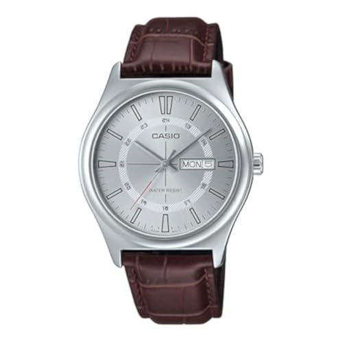 Casio MTP-V006L-7C Męski skórzany pasek 24-godzinny srebrny indeks tarcza dzień data 3-ręczny zegarek analogowy, Srebrny, przypadkowy
