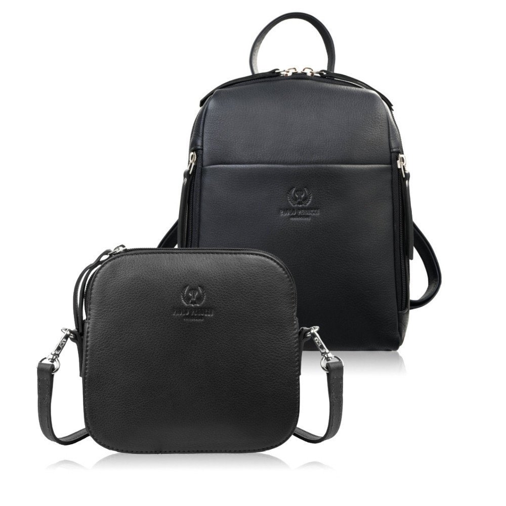 Plecak damski skórzany AY-26 i mała torebka na ramię AY-24 zestaw upominkowy czarny Paolo Peruzzi ZUP-158-BL